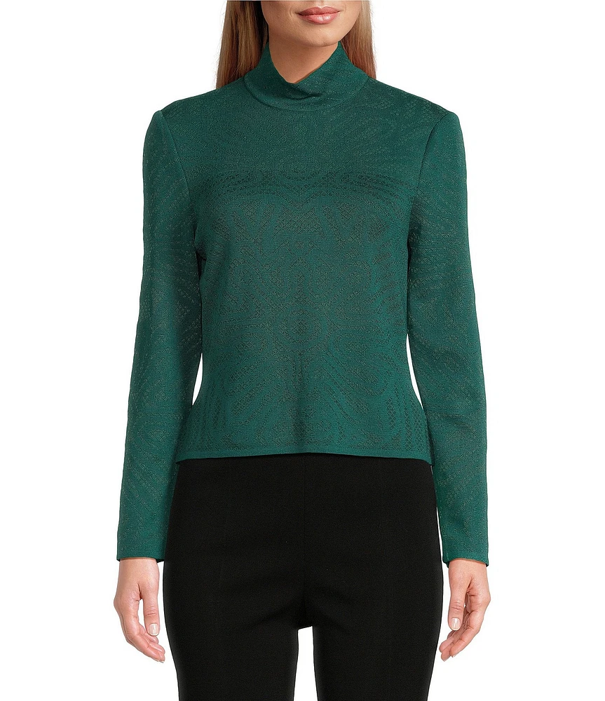 Ming Wang Burnout Knit Jacquard Mock Neck Long Sleeve Top