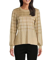 Ming Wang Checkered Print Soft Knit Crew Neck Long Balloon Sleeve Tunic