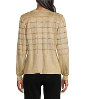 Ming Wang Checkered Print Soft Knit Crew Neck Long Balloon Sleeve Tunic