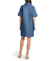 Ming Wang Collar Split V-Neck Short Sleeve Shirt Dress