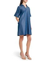 Ming Wang Collar Split V-Neck Short Sleeve Shirt Dress