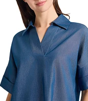 Ming Wang Collar Split V-Neck Short Sleeve Shirt Dress