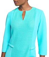Ming Wang Contrast Panel Soft Knit Split Round Neck 3/4 Sleeve Sheath Dress