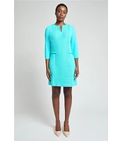 Ming Wang Contrast Panel Soft Knit Split Round Neck 3/4 Sleeve Sheath Dress