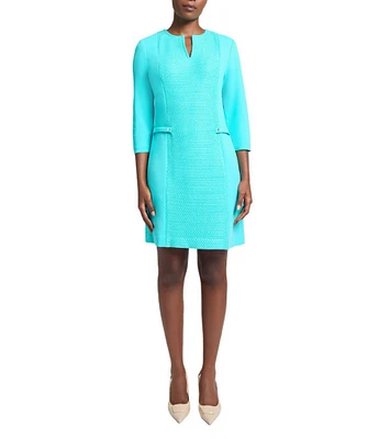 Ming Wang Contrast Panel Soft Knit Split Round Neck 3/4 Sleeve Sheath Dress