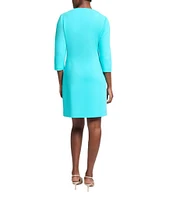 Ming Wang Contrast Panel Soft Knit Split Round Neck 3/4 Sleeve Sheath Dress