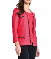Ming Wang Contrast Trim Knit V-Neck Bracelet Sleeve Jacket