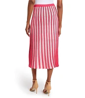 Ming Wang Coordinating Pointelle Striped Ribbed Knit Elastic Waist A-Line Midi Skirt