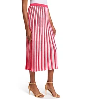 Ming Wang Coordinating Pointelle Striped Ribbed Knit Elastic Waist A-Line Midi Skirt