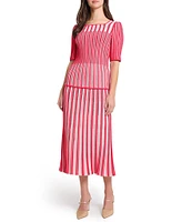 Ming Wang Coordinating Pointelle Striped Ribbed Knit Elastic Waist A-Line Midi Skirt