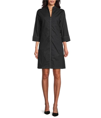 Ming Wang Cotton Mandarin Collar Zip Front 3/4 Sleeve Dress