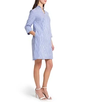 Ming Wang Cotton Stripe Mandarin Collar Zip Front 3/4 Sleeve Dress