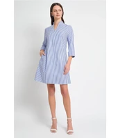 Ming Wang Cotton Stripe Mandarin Collar Zip Front 3/4 Sleeve Dress