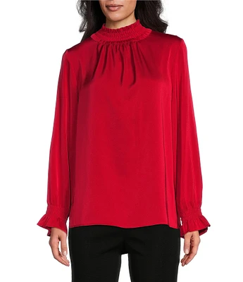 Ming Wang Crepe de Chine Charmeuse Mock Neck Long Sleeve Blouse