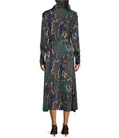 Ming Wang Crepe de Chine Charmeuse Paisley Print Point Collar Long Sleeve Self-Tie Button Front Maxi Shirt Dress