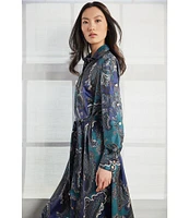 Ming Wang Crepe de Chine Charmeuse Paisley Print Point Collar Long Sleeve Self-Tie Button Front Maxi Shirt Dress