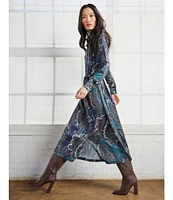 Ming Wang Crepe de Chine Charmeuse Paisley Print Point Collar Long Sleeve Self-Tie Button Front Maxi Shirt Dress