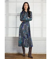 Ming Wang Crepe de Chine Charmeuse Paisley Print Point Collar Long Sleeve Self-Tie Button Front Maxi Shirt Dress