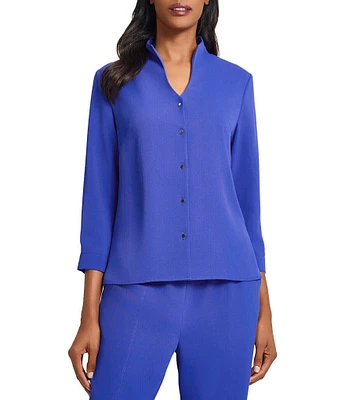 Ming Wang Crepe De Chine Collar V-Neck 3/4 Sleeve Button Front Blouse