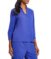 Ming Wang Crepe De Chine Collar V-Neck 3/4 Sleeve Button Front Blouse