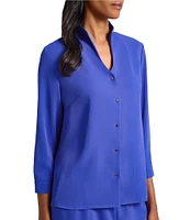 Ming Wang Crepe De Chine Collar V-Neck 3/4 Sleeve Button Front Blouse