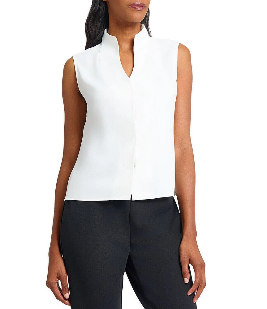 Ming Wang Crepe De Chine Mandarin V-Neck Sleeveless Button Front Tank