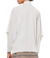 Ming Wang Crepe De Chine Mock Tie Neck Long Raglan Sleeve Blouse