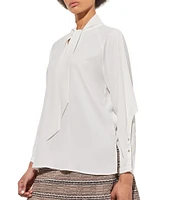 Ming Wang Crepe De Chine Mock Tie Neck Long Raglan Sleeve Blouse