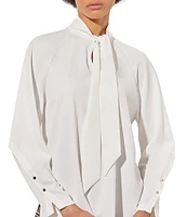 Ming Wang Crepe De Chine Mock Tie Neck Long Raglan Sleeve Blouse