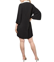 Ming Wang Crepe de Chine Pleated Contrast Trim Point Collar 3/4 Bell Sleeve Button-Front Shirt Dress