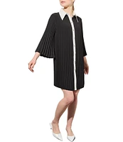 Ming Wang Crepe de Chine Pleated Contrast Trim Point Collar 3/4 Bell Sleeve Button-Front Shirt Dress