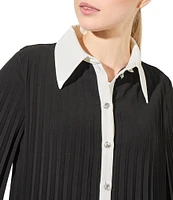 Ming Wang Crepe de Chine Pleated Contrast Trim Point Collar 3/4 Bell Sleeve Button-Front Shirt Dress