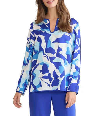 Ming Wang Crepe De Chine Split U-Neck Long Sleeve Blouse