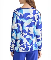 Ming Wang Crepe De Chine Split U-Neck Long Sleeve Blouse