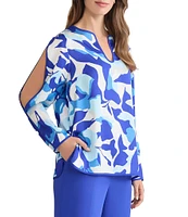 Ming Wang Crepe De Chine Split U-Neck Long Sleeve Blouse