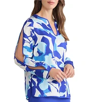 Ming Wang Crepe De Chine Split U-Neck Long Sleeve Blouse