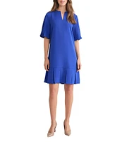 Ming Wang Crepe De Chine Split V-Neck Short Sleeve Pleated A-Line Dress