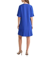 Ming Wang Crepe De Chine Split V-Neck Short Sleeve Pleated A-Line Dress