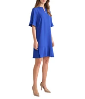 Ming Wang Crepe De Chine Split V-Neck Short Sleeve Pleated A-Line Dress