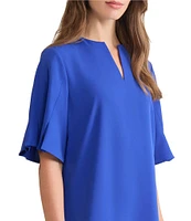 Ming Wang Crepe De Chine Split V-Neck Short Sleeve Pleated A-Line Dress