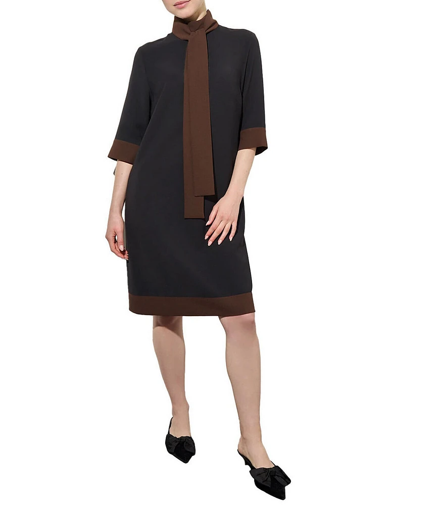 Ming Wang Crepe De Chine Two-Tone Mock Neck 3/4 Sleeve Shift Dress