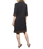 Ming Wang Crepe De Chine Two-Tone Mock Neck 3/4 Sleeve Shift Dress