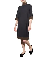 Ming Wang Crepe De Chine Two-Tone Mock Neck 3/4 Sleeve Shift Dress