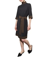 Ming Wang Crepe De Chine Two-Tone Mock Neck 3/4 Sleeve Shift Dress