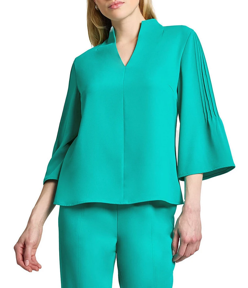 Ming Wang Crepe Pintuck Mandarin Collar V-Neck 3/4 Sleeve Blouse