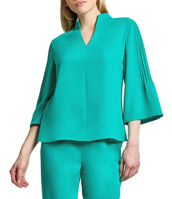 Ming Wang Crepe Pintuck Mandarin Collar V-Neck 3/4 Sleeve Blouse