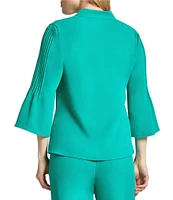 Ming Wang Crepe Pintuck Mandarin Collar V-Neck 3/4 Sleeve Blouse
