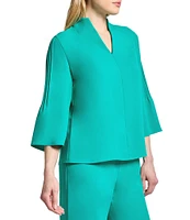 Ming Wang Crepe Pintuck Mandarin Collar V-Neck 3/4 Sleeve Blouse