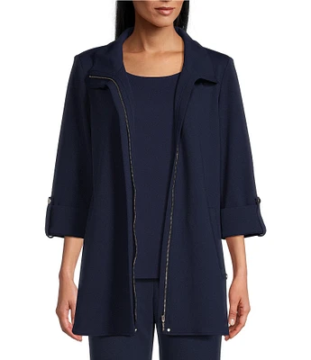 Ming Wang Deco Crepe 3/4 Sleeve Zip Front Jacket