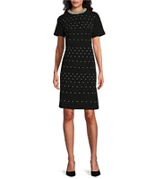 Ming Wang Deco Crepe Embellished Faux Pearls Crew Neck Short Sleeve Coordinating Dress